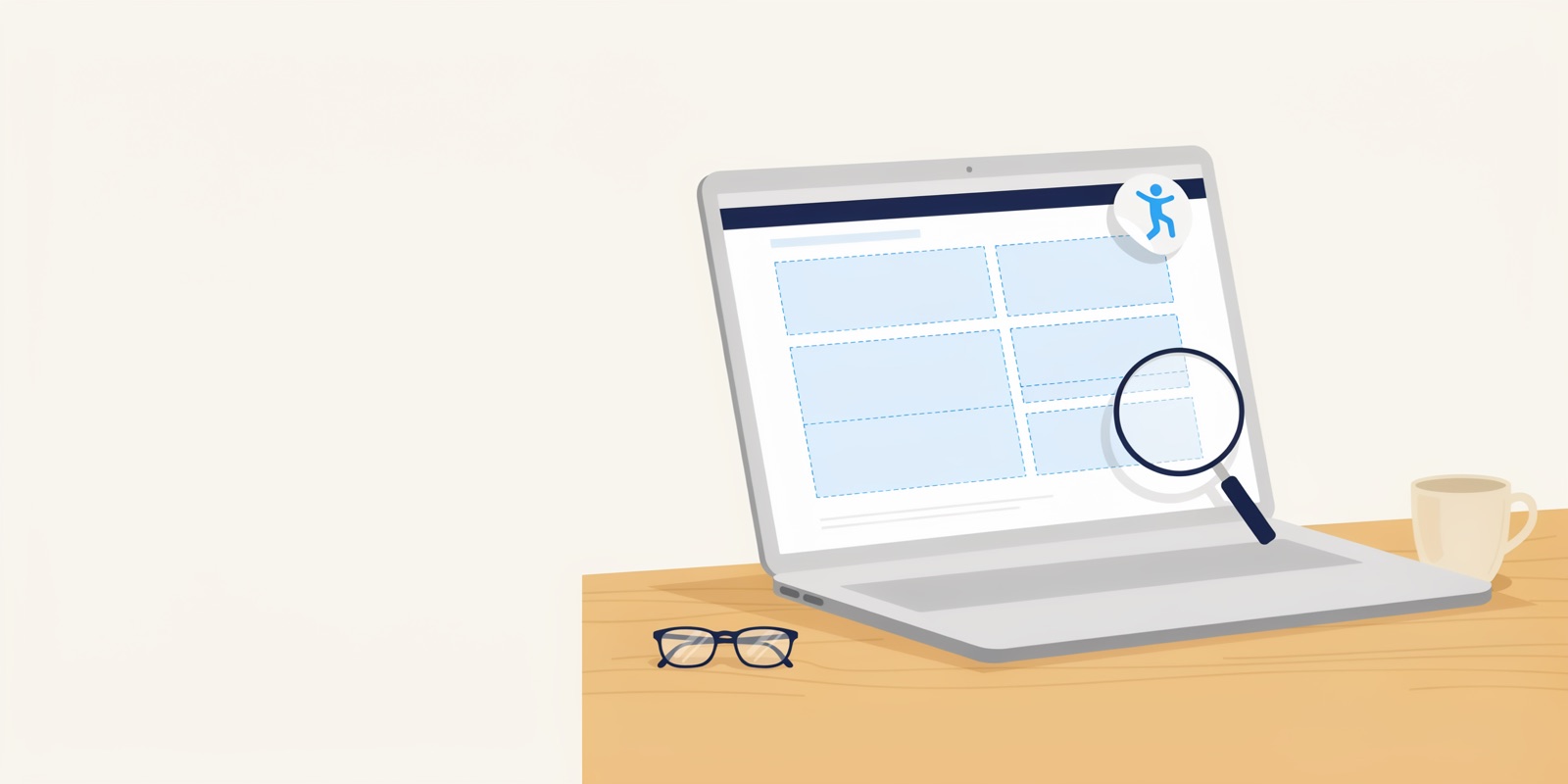 Laptop on a desk showing a website layout with an accessibility icon on top and a magnifying glass revealing the page structure underneath.