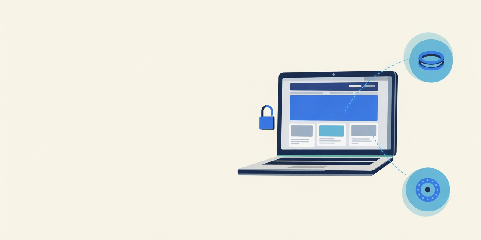 Laptop showing a medical practice website with a padlock beside it and thin data lines running off the page toward two abstract platform circles.